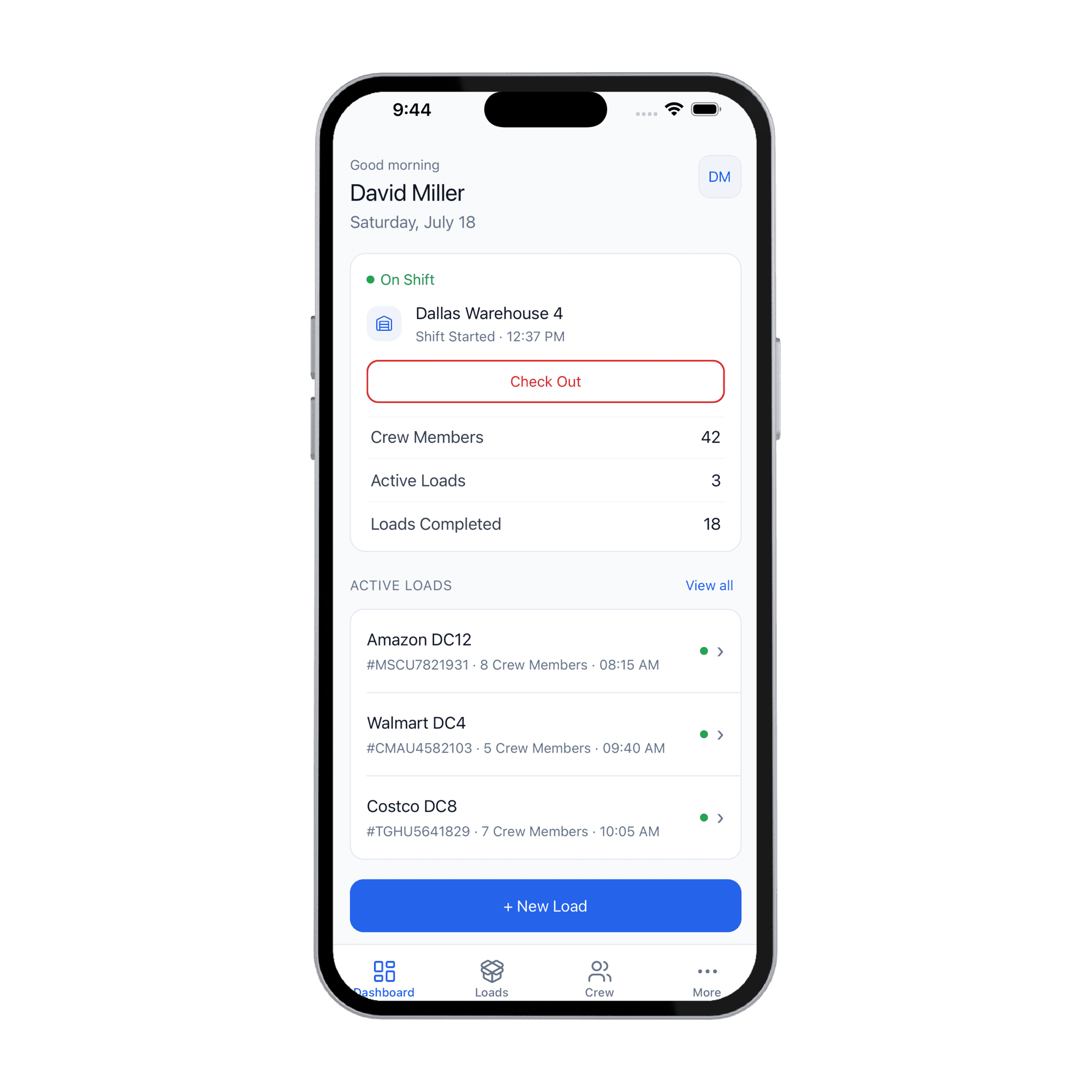 FOREMAN mobile app showing shift check-in and active loads for a warehouse crew